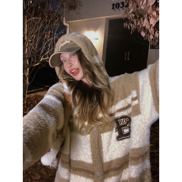 Áo Khoác Cardigan Dệt Kim Dày Có Nón Họa Tiết Kẻ Sọc Phong Cách Mỹ Thời Trang Thu Đông Cho Nữ