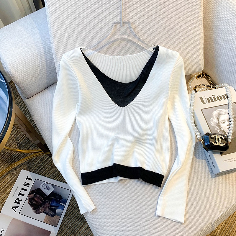Áo sweater Dệt Kim Mỏng Cổ Chữ V Giả Hai Lớp Thiết Kế Mới Mùa Thu Cho Nữ