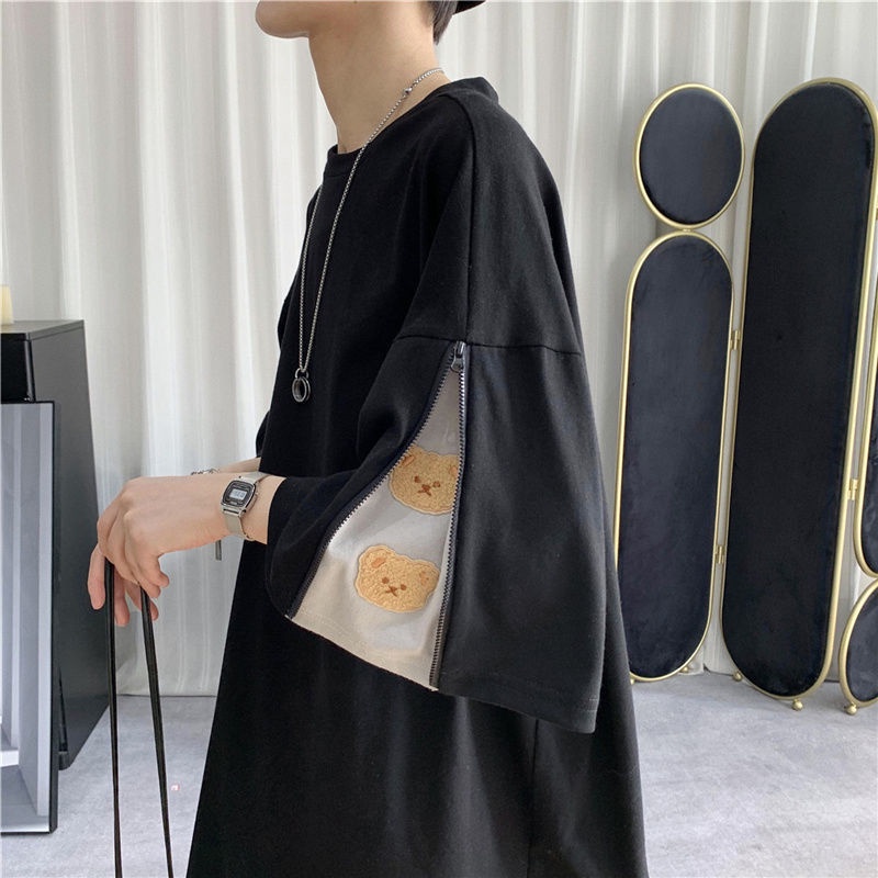 Áo Thun Tay Ngắn Dáng Rộng Thêu Hình Gấu Phối Khóa Kéo Thời Trang Hồng Kông Cá Tính Cho Nam