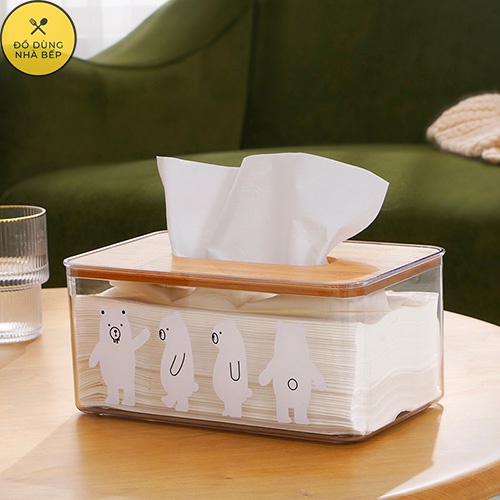 Hộp đựng khăn giấy để bàn trong suốt hình gấu có nắp đậy bằng gỗ
