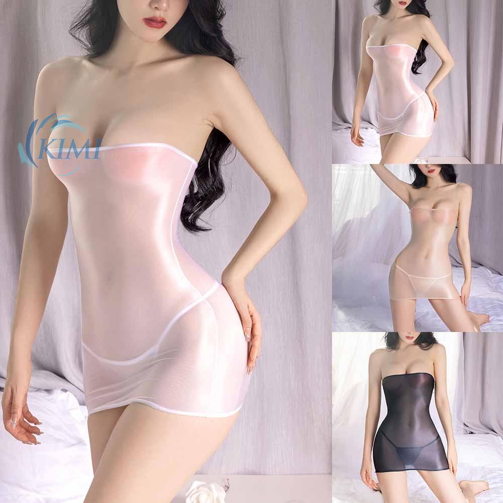 KIMI-Sexy Lingerie Women Bodycon Dress Tube Top Mini Dress Oil Shiny Silky Clubwear