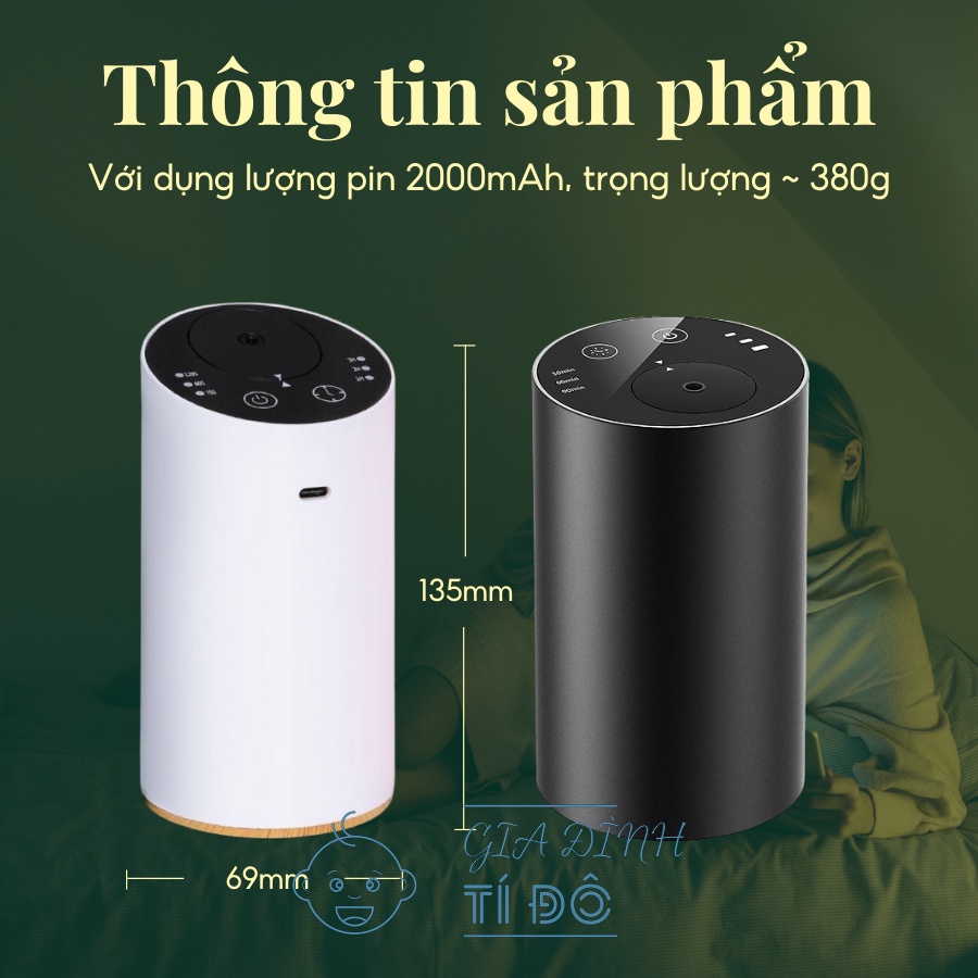 Máy xông tinh dầu ô tô không dùng nước, dùng trên ô tô, bàn làm việc Pin 2000mAH