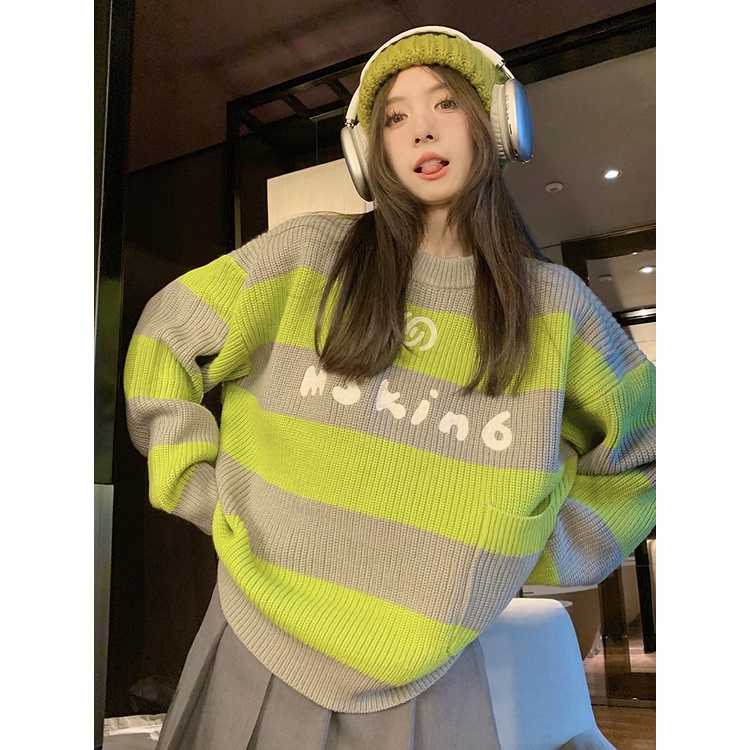 Porozi  Áo sweater dệt kim tay dài cổ tròn kẻ sọc in họa tiết chữ cái phong cách Hàn Quốc thời trang dành cho nữ