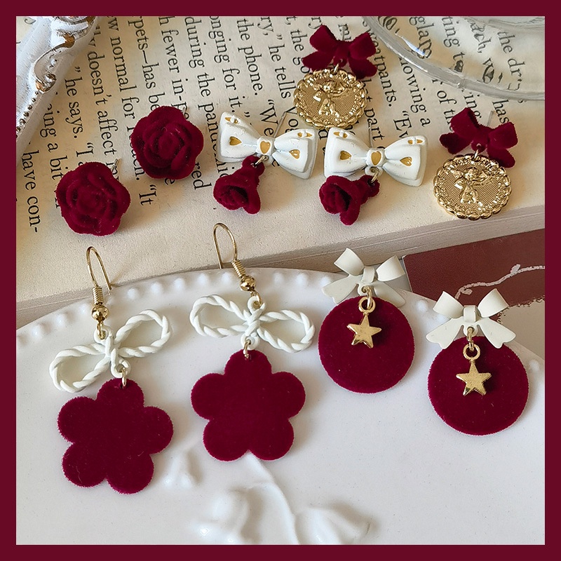 Khuyên Tai Chính Hãng Hình Hoa Hồng Nhung Đỏ Phong Cách Retro