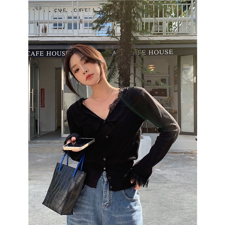ZHELIHANGFEI Áo Cardigan Dệt Kim Tay Dài Cổ Chữ V Lưng Cao Phối Ren Dễ Phối Đồ