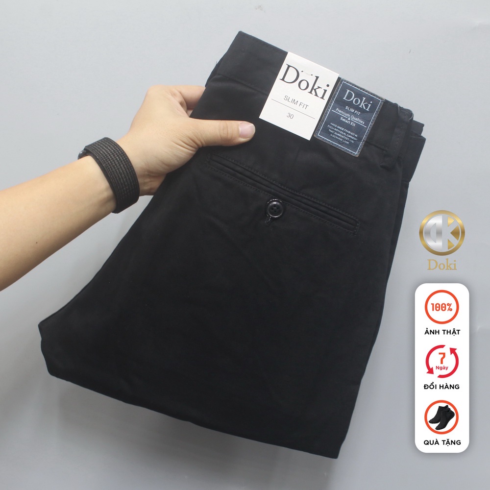 Quần Kaki Nam Doki Cao Cấp Màu Đen, Quần Kaki Dáng Ôm Đứng Chất Vải Co Giãn Dày Dặn, Không Nhăn Bai Xù - DKC