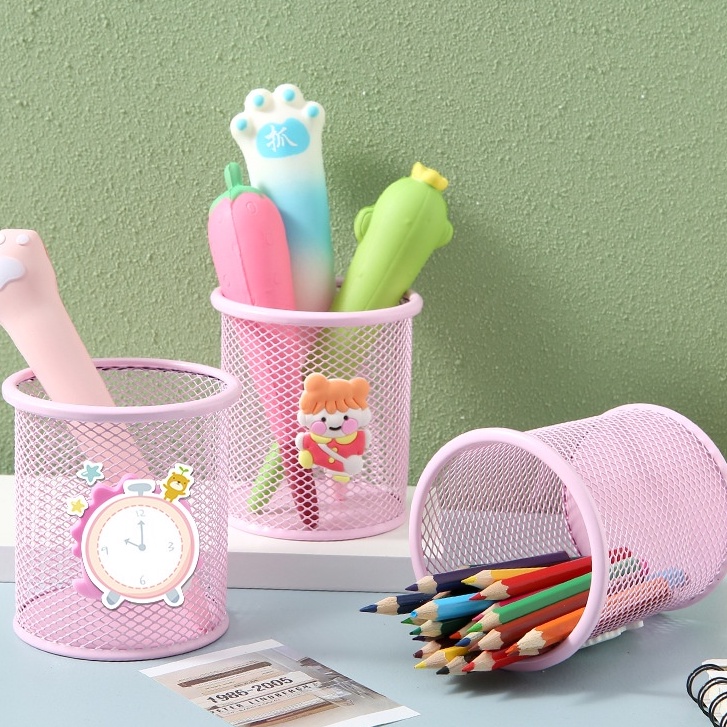Ống cắm bút/ hộp đựng bút để bàn tròn gắn icon trang trí nhiều hình cute dễ thương