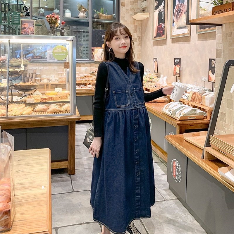 Đầm bầu, set yếm bầu TK chất Jean mềm đẹp, sang xịn kèm áo cotton dài tay co giãn - YB022