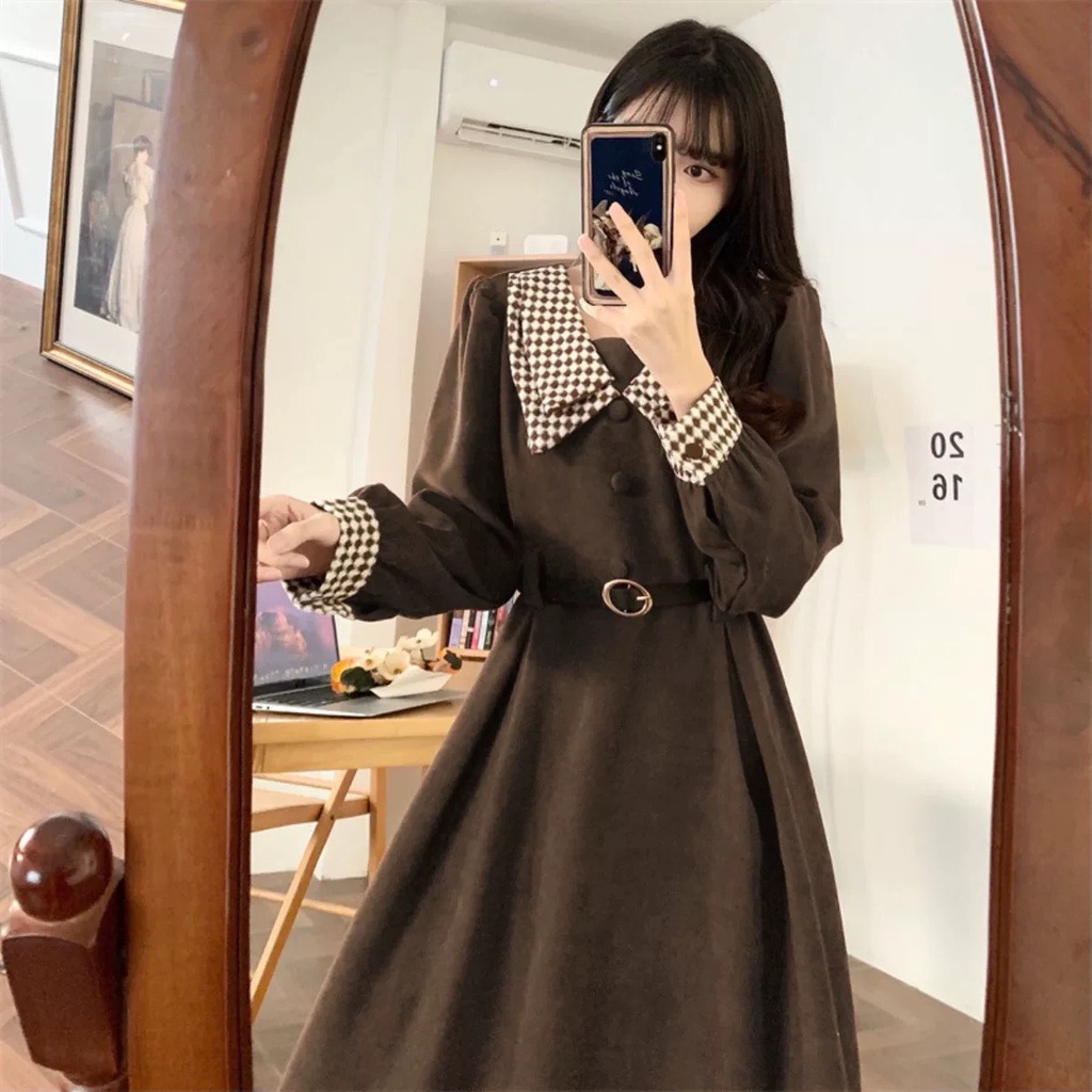 Váy đầm cổ kẻ hai màu đen nâu dài qua gối kèm dây thắt lưng phong cách Hàn Quốc MS2123