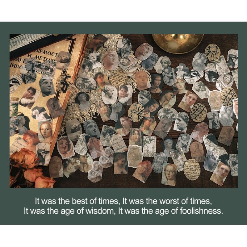 Set 100 sticker nhãn dán washi mini hình tem vintage cổ điển trang trí sổ bullet journal