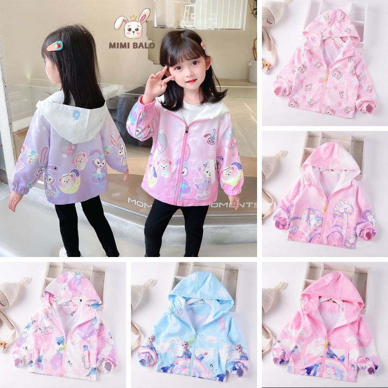 Áo khoác gió mùa đông cho bé gái họa tiết siêu nhân, ngựa pony, elsa, mèo kitty Balo mimi size từ 13kg đến 25kg
