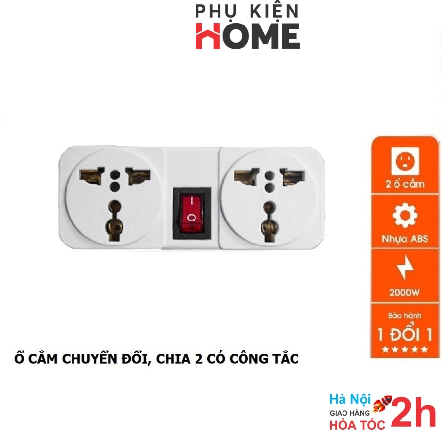 Phích Cắm Chia 2 Ổ Có Công Tắc, Chuyển Từ 1 Ổ Sang 2 Ổ 3 Chân, An Toàn, Tiện Dụng Trong Gia Đình. PhuKienHome 8606