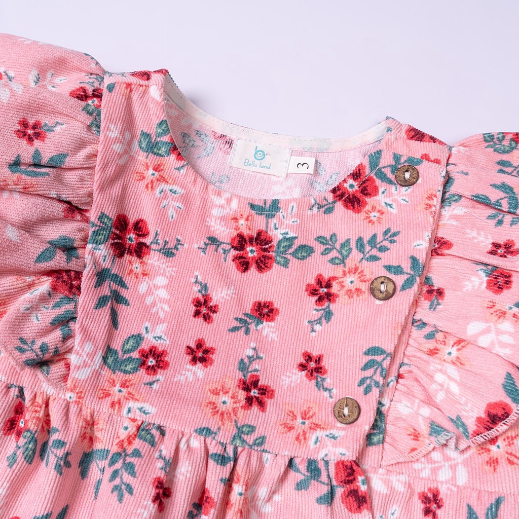 Váy Nhung Tăm Dài Tay Cho Bé Họa Tiết Hoa Thời Trang BELLOLAND