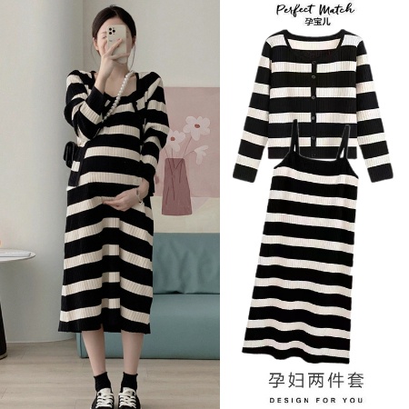 Set Đầm Len Phối Áo Khoác Kẻ Sọc Size Lớn Thời Trang Cho Phụ Nữ Mang Thai