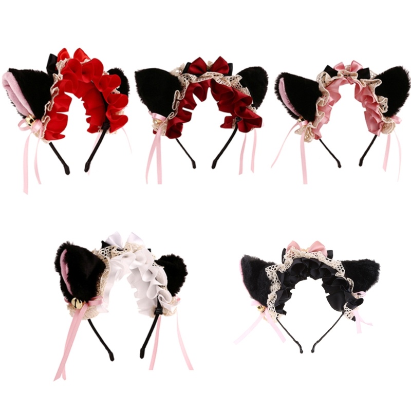 Băng Đô Tai Mèo Phối Ren Xếp Ly Kiểu Dáng Ngọt Ngào Dành Cho Nữ