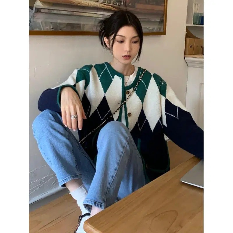 Áo Khoác Cardigan Dệt Kim Màu Sắc Tương Phản Phong Cách Retro Mỹ Cho Nữ