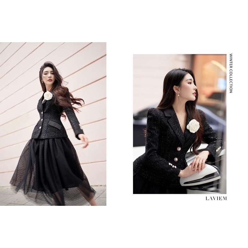 Set đầm thiết kế cao cấp gồm áo vest dạ đen kèm chân váy voan xoè