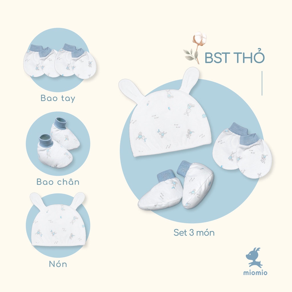 Bao Tay Bo, Chân Bo, Nón, Set 3 Món Sơ Sinh MIOMIO, Họa tiết: Thỏ, Sọc, Mèo, Mèo Mây, Xe Nôi cho Bé Trai Bé Gái