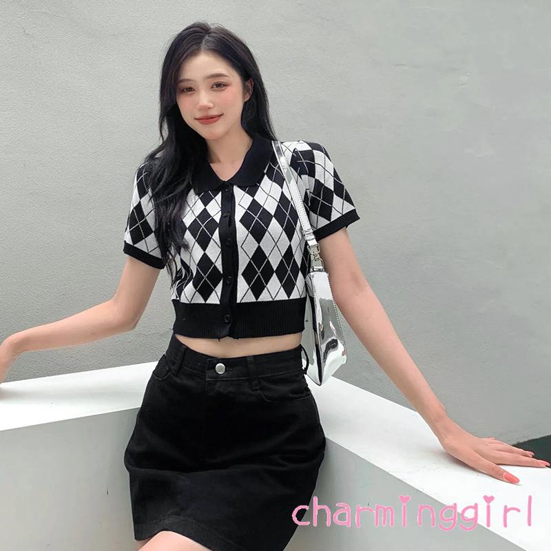 Áo Thun Dệt Kim Ngắn Tay In Họa Tiết Kim Cương Phối Nút Thời Trang Mùa Hè Cho Nữ