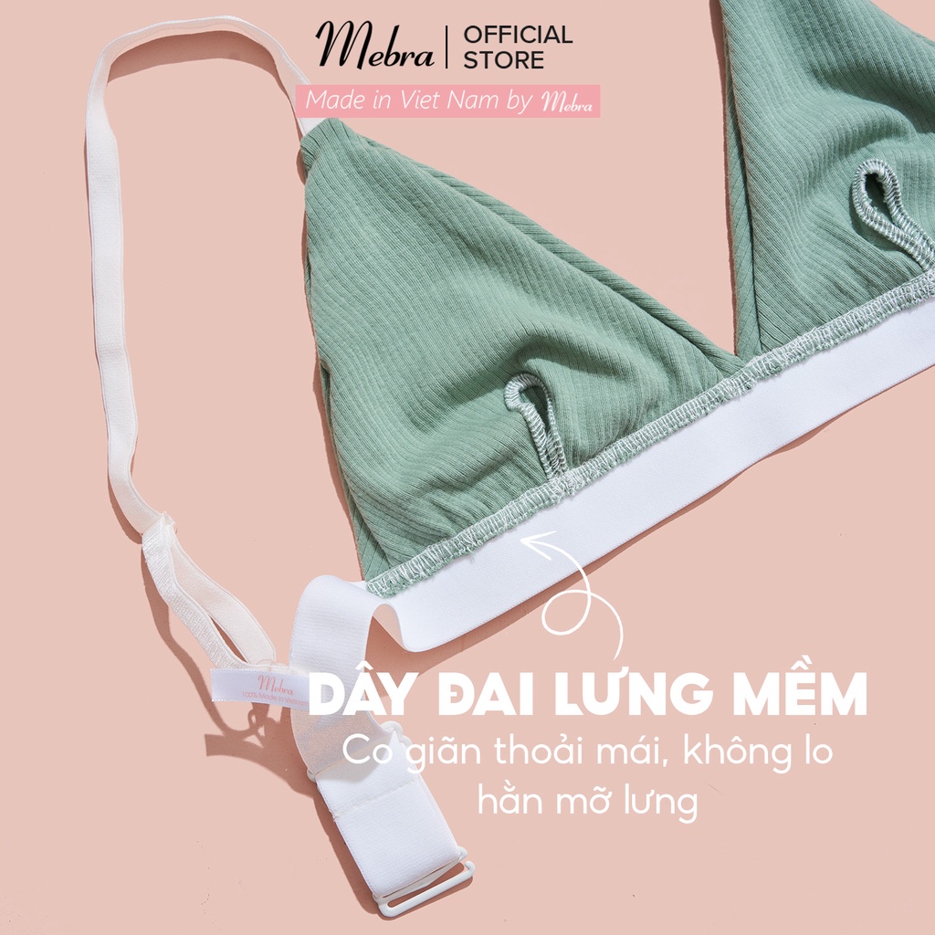Áo lót nữ bralette cotton không lộ viền không gọng không đệm có tặng mút mỏng màu xanh đai trắng Mebra A051