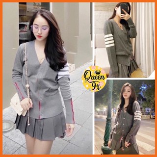 Áo Khoác Cardigan Nam Nữ Chất Len Xám Kẻ Sọc Viền Đỏ & Xanh