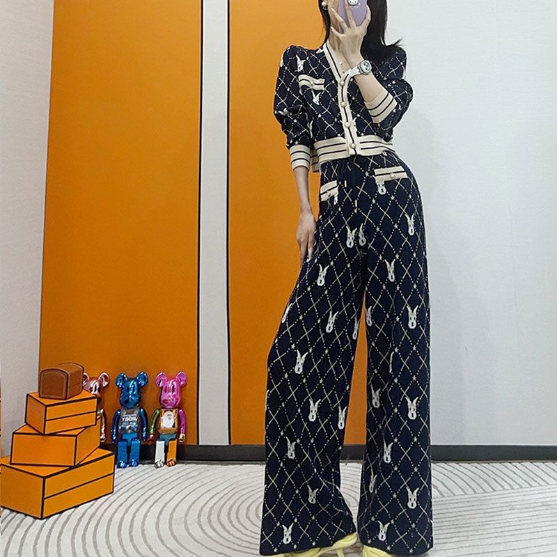 Bộ Áo Dệt Kim + Quần Ống Rộng Thời Trang Xuân Thu 2022 Phong Cách Phương Tây Cho Nữ