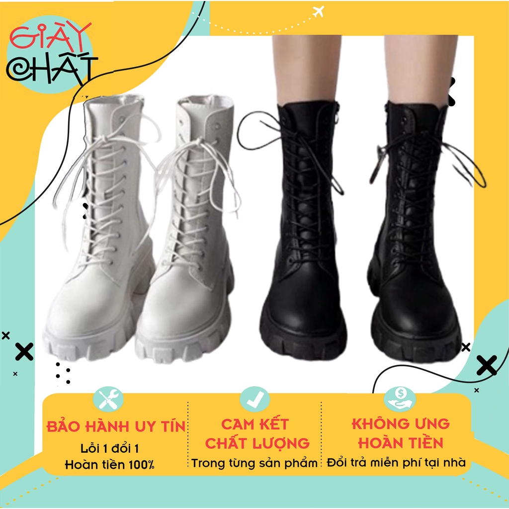 Giày Boots chiến binh nữ 2 màu đen/trắng cá tính đế bằng, Giày Bốt cao cổ ulzzang buộc dây chất da mẫu mới năm 2022