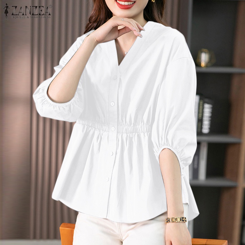 ZANZEA Áo Sơ Mi Cotton Mỏng Tay Phồng Cổ Chữ V Thời Trang Dành Cho Nữ