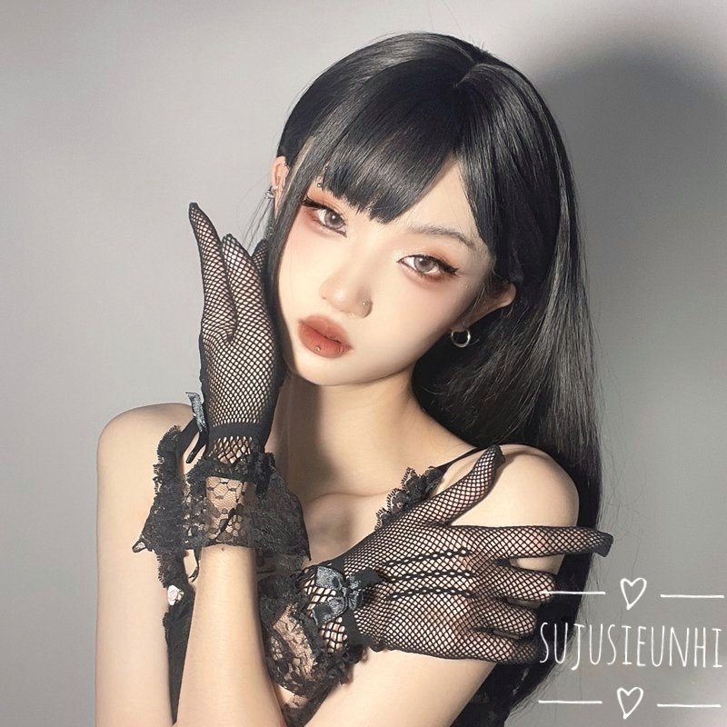 (3 mẫu) găng tay lưới ngắn tới cổ tay ren bèo đính nơ phong cách lolita