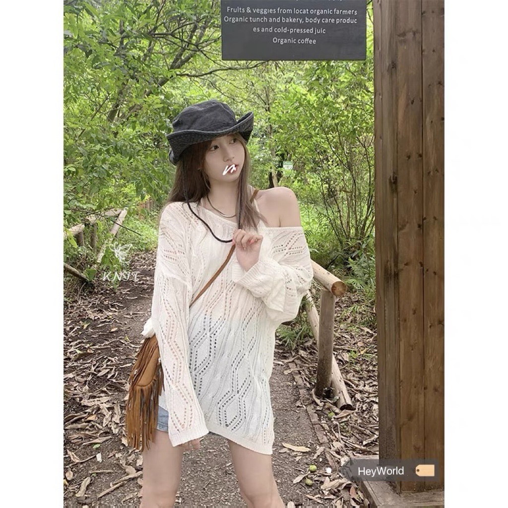 ◎◐Áo sweater Tay Dài Cổ Chữ V Khoét Vai Dây Rút Sau Lưng Chống Nắng Mùa Hè