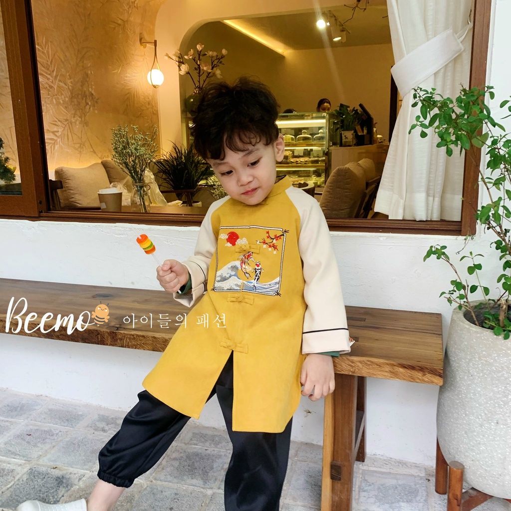 Bộ set áo dài cách tân Beemo thêu hình cá chép vải nhung mặc Tết, sự kiên cho bé trai bé gái từ 1 đến 6 tuổi - 20D084