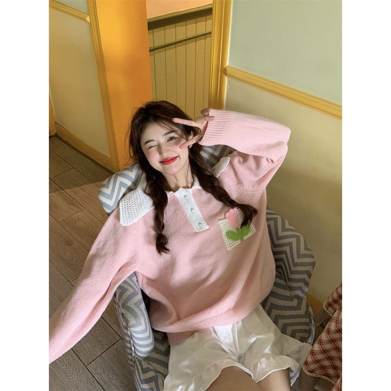 Jiashucheng Áo Sweater Tay Dài Màu Sắc Tương Phản Phong Cách Nhật Bản Thời Trang Thu Đông Cho Nữ Sinh