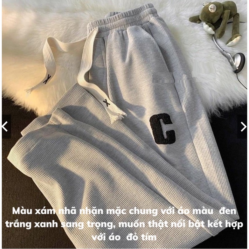 Quần Ống Rộng suông đính chữ C, Chất Nỉ tổ ong hạt gạo cao cấp, Có bigsize 100KG, Unisex Nam Nữ đều mặc được