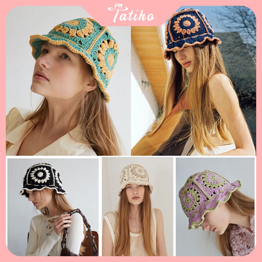Mũ bucket len nam nữ, Mũ beret nồi trơn họa tiết bông hoa Thời trang thu đông phong cách Ulzzang - Handmade - Mã NV049