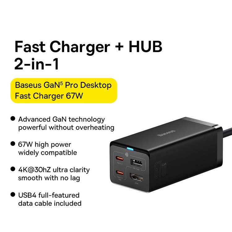 Baseus Đầu sạc nhanh Gan5 Pro Desktop Fast Charger 1U+2C+HD 67W