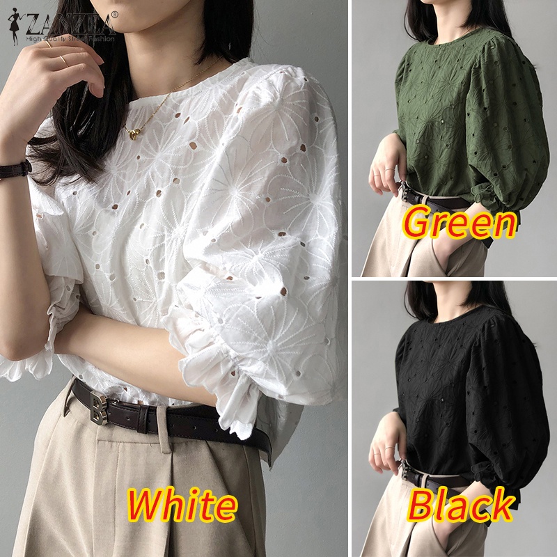 Zanzea Áo Sơ Mi Tay Phồng Cổ Tròn Phong Cách Hàn Quốc Dành Cho Nữ