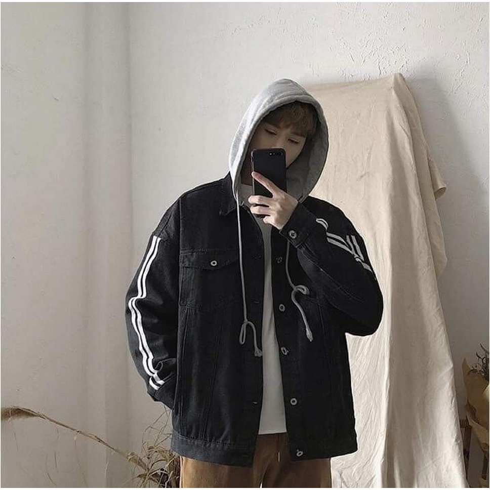 Áo khoác jean nam có nón túi Zip xanh - áo jean nón mũ viền tay xanh đen form rộng size 40-75kg
