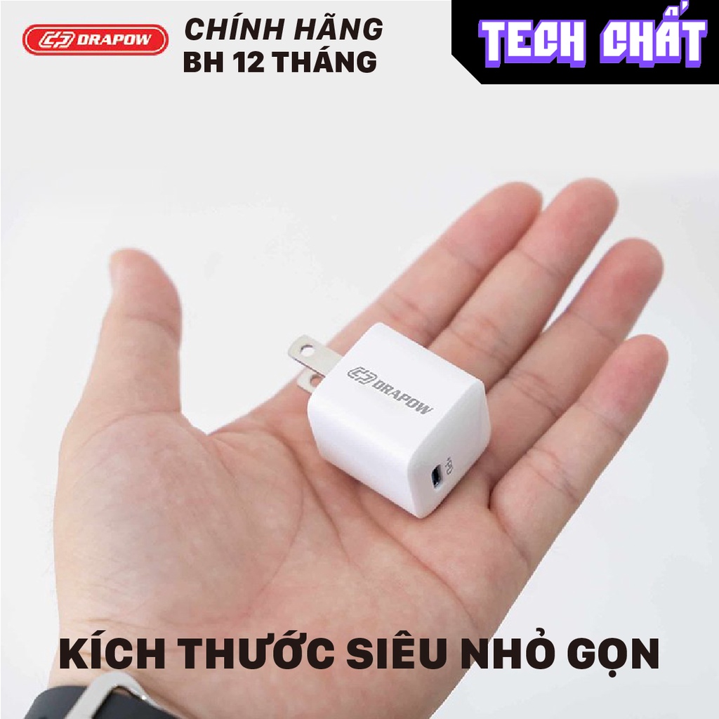 Củ sạc nhanh PD QC 20W chính hãng Drapow công nghệ GaN cho iPhone và Android USB C 20W QC 3.0 18w - GA21 tech chất