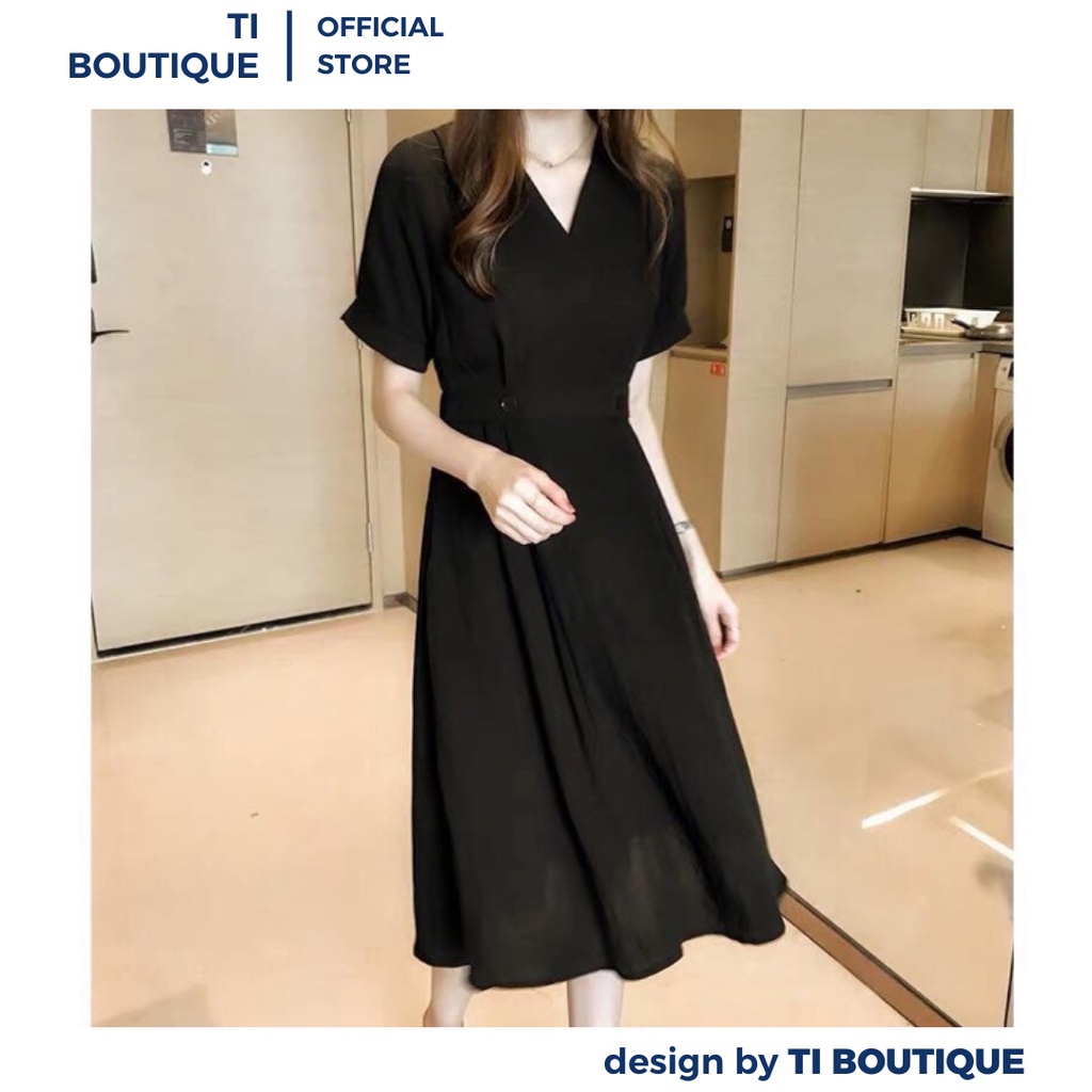Đầm Nữ Dự Tiệc Cổ V Thun Eo Thanh Lịch, Váy Nữ Công Sở Dạo Phố Đi Cafe Tay Ngắn Form Xòe Thục Nữ 2 Màu Vàng Đen