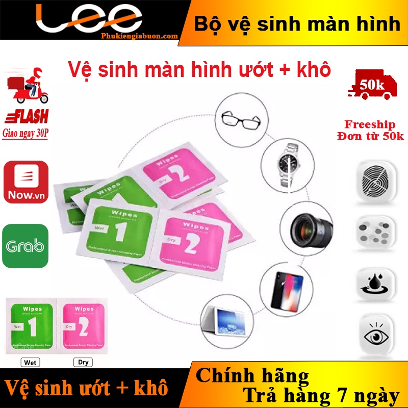 [Combo 10-100] Giấy lau vệ sinh màn hình điện thoại, giấy lau bụi dán kính cường lực, 1 bộ 2 miếng khô và ướt