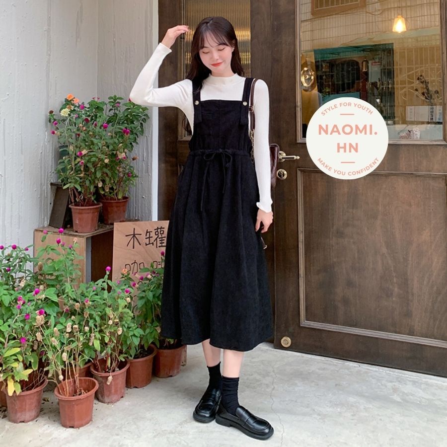 Váy yếm 2 dây bản to form rộng NHUNG TĂM BUỘC EO dáng xòe, váy yếm gân tăm nữ dáng dài rộng nhung tăm babydoll