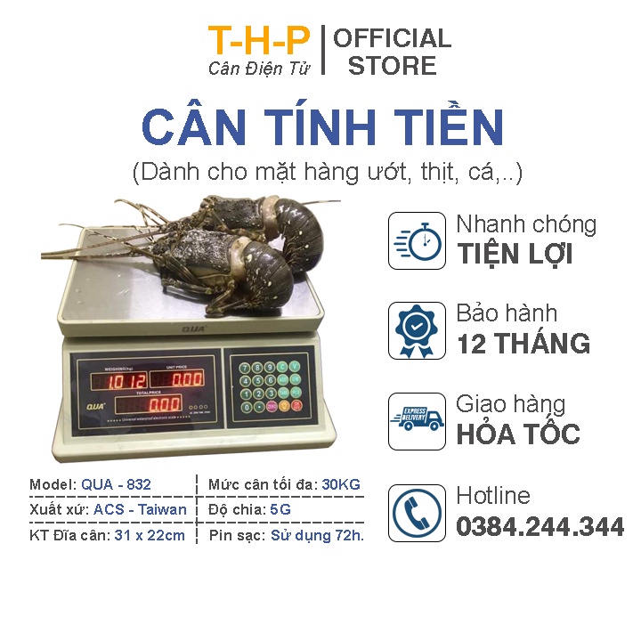 Cân điện tử tính tiền QUA 30kg, Thiết kế chống nước, 2 cụm màn hình LED đỏ trước sau, Pin sạc dùng 72h