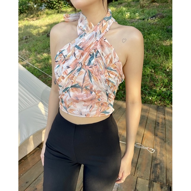 Beachclub-Áo tơ hoa cột cổ