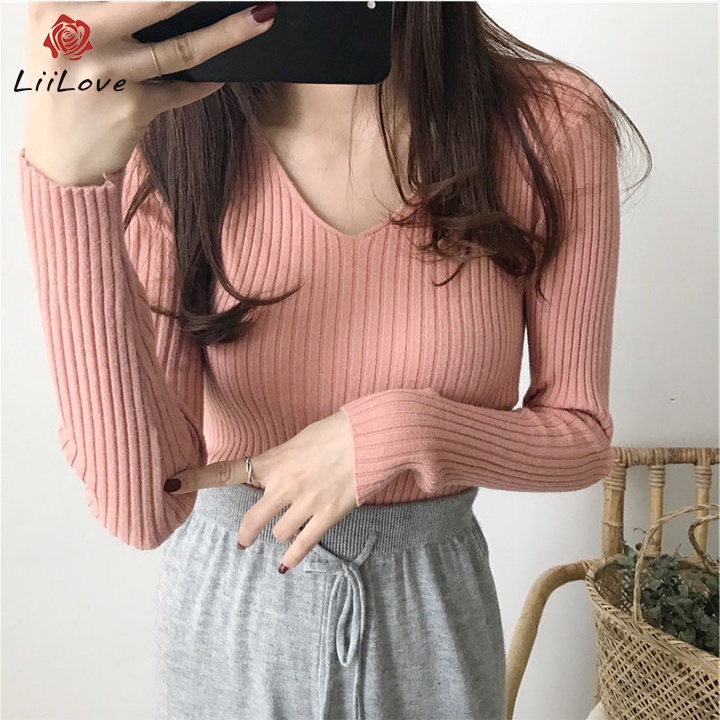 Áo len nữ dài tay dệt kim phong cách Hàn Quốc, cổ TIM dáng ôm trẻ trung cá tính Liilove LEN04