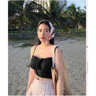 Áo xốp 2 dây croptop rút dây ngực viền bèo cực hot , chất thun xốp dày mềm