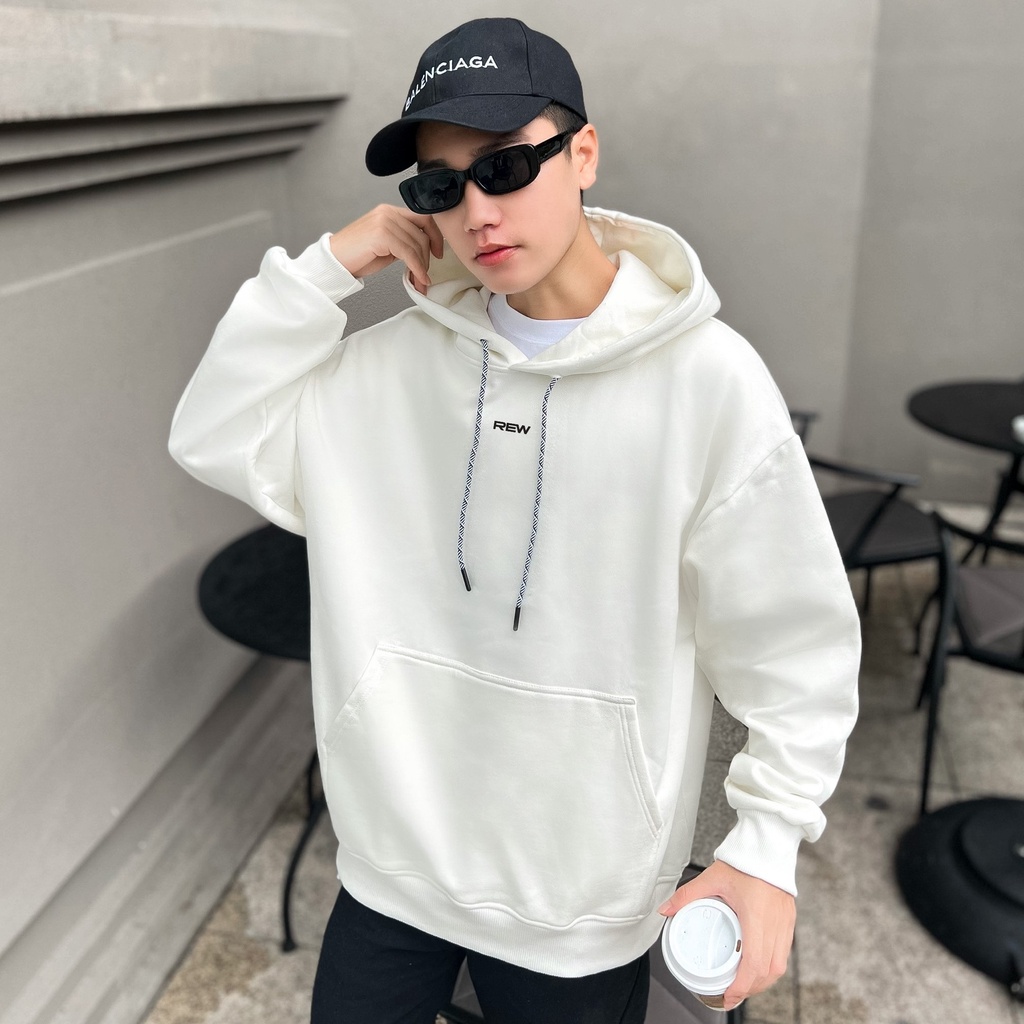 Áo Hoodie trắng form rộng 100% Cotton REW