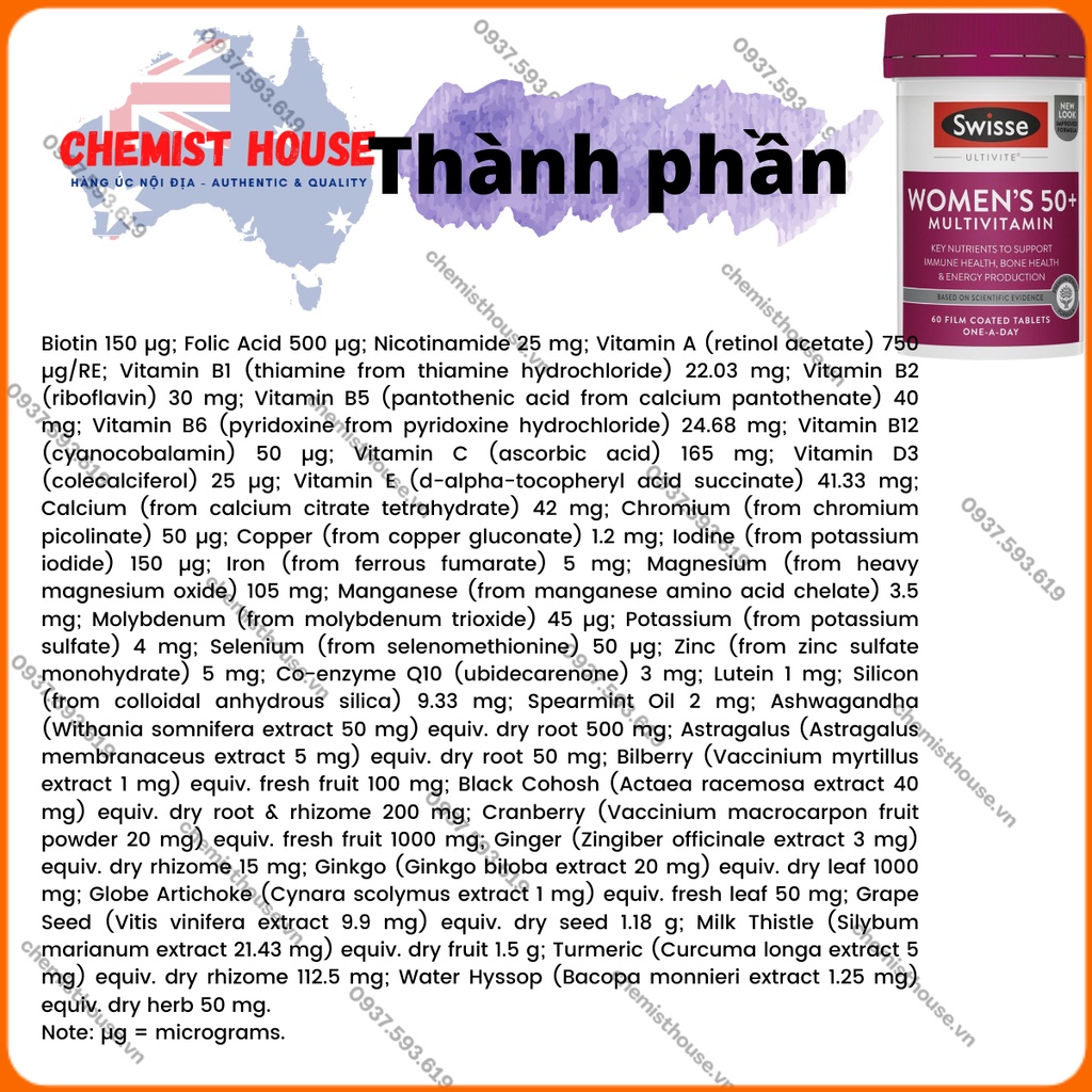 Swisse Women's Ultivite 50+ Multivitamin Viên Uống Vitamin Tổng Hợp Phụ Nữ U50+