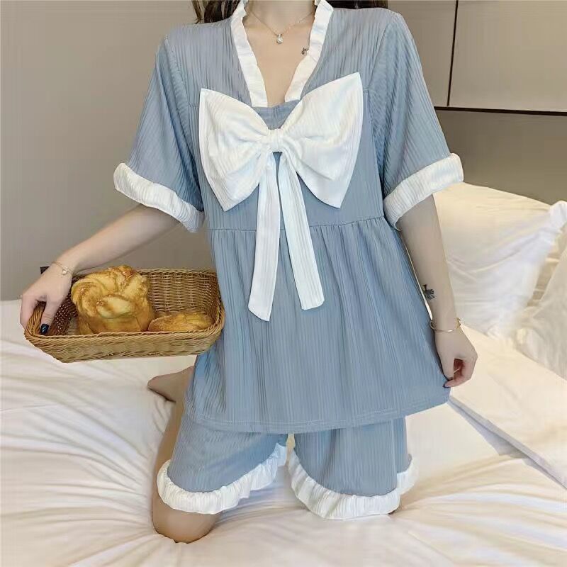 Bộ Đồ Ngủ Tay Ngắn Đính Nơ Phong Cách Công Chúa Dễ Thương Thời Trang Mùa Hè Cho Nữ