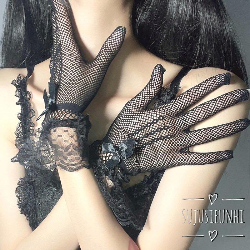 (3 mẫu) găng tay lưới ngắn tới cổ tay ren bèo đính nơ phong cách lolita