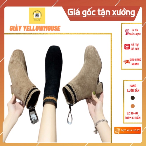 Giày bốt nữ thời trang cổ cao thiết kế KHOÁ CHỮ đế 5 cm gót vuông chất da lộn cổ kẻ phong cách Hàn